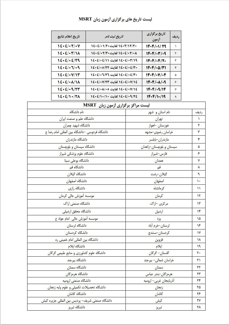 زمان بندی برگزاری آزمون زبان MSRT سال ۱۴۰۴ اعلام شد
