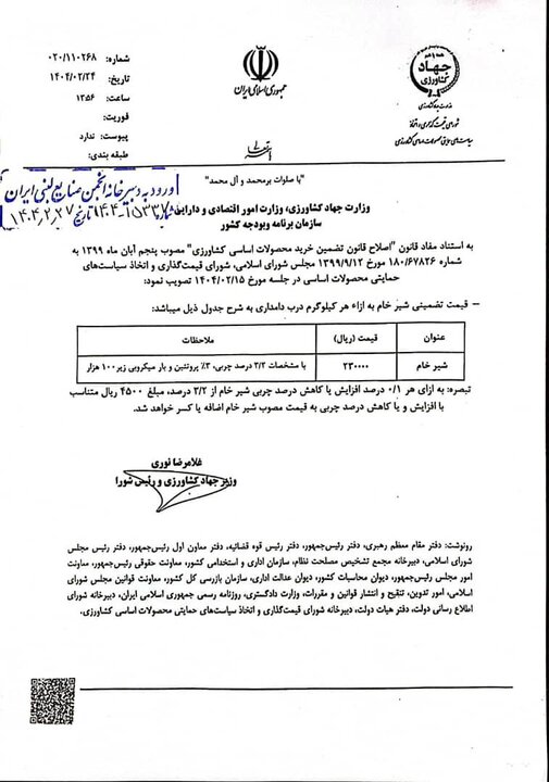 قیمت جدید شیر خام ابلاغ شد