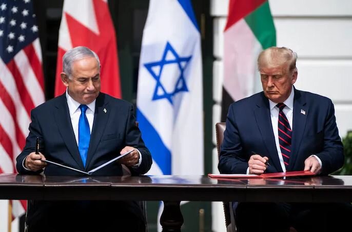 Israeli Prime Minister Benjamin Netanyahu and President Donald Trump participate in a signing ceremony for the Abraham Accords on the South Lawn of the White House on Sept. 15, 2020.