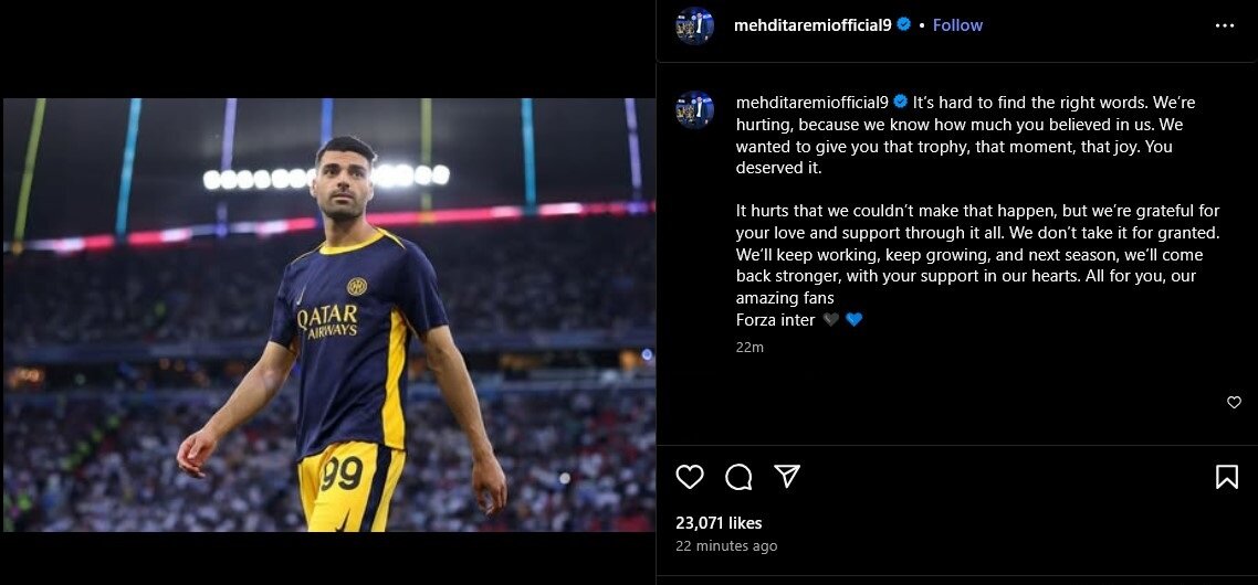 طارمی خطاب به هواداران اینتر: فصل آینده با قدرت بیشتر بازمیگردیم