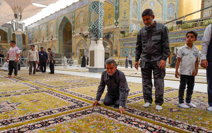 مفروش شدن حرم مطهر امام علی (ع) با ۳ هزار متر فرش فاخر کاشان
