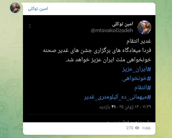 توکلی زاده: فردا جشن‌های غدیر صحنه خونخواهی ملت ایران خواهد شد