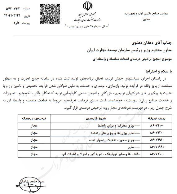 مجوز ترخیص درصدی قطعات منفصله و واسطهای خودرو ابلاغ شد