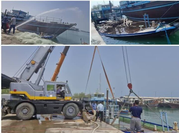 نجات لنج تجاری غرقشده در اسکله دیر