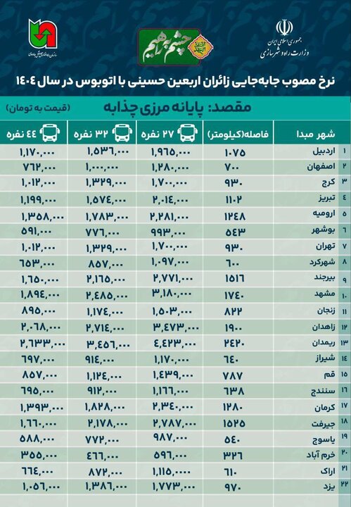 اعلام نرخ مصوب بلیط اتوبوس برای سفرهای اربعین به مرز چذابه