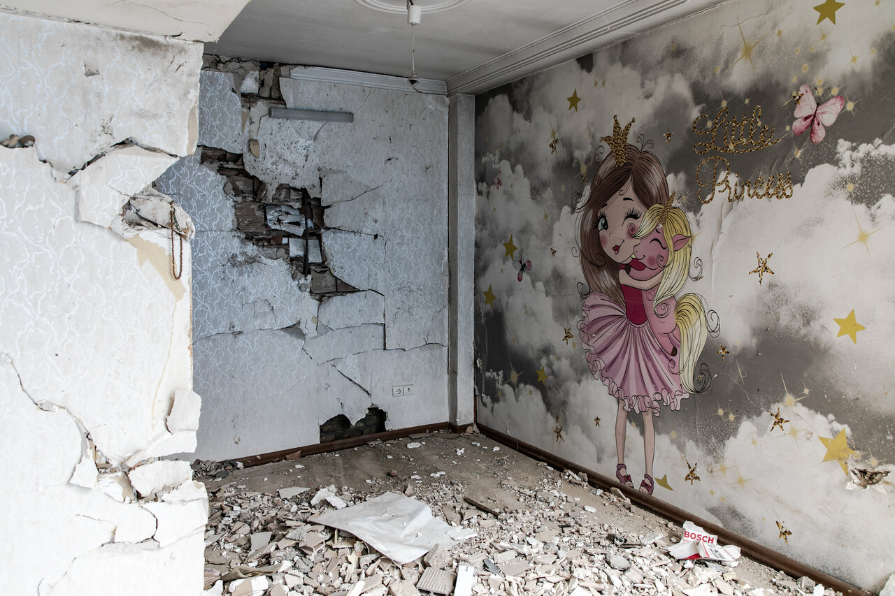 The photo shows a child’s bedroom wall destroyed by Israeli strikes in Tehran’s Narmak neighborhood during the recent 12-day imposed war.
