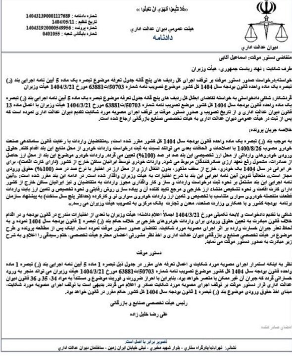 رای دیوان عدالت اداری درباره کاهش تعرفه واردات خودرو 2