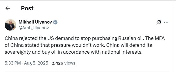 Ulyanov: China Will purchase Russian Oil According to Its National Interests