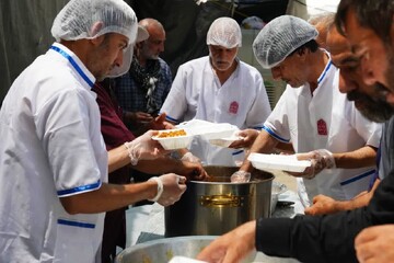 خدمت‌رسانی به زائران اربعین حسینی در نجف اشرف زیر پرچم متبرک حرم رضوی
