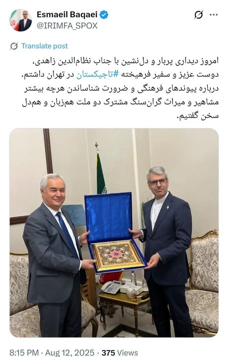 دیدار سفیر تاجیکستان در تهران با سخنگوی وزارت امور خارجه