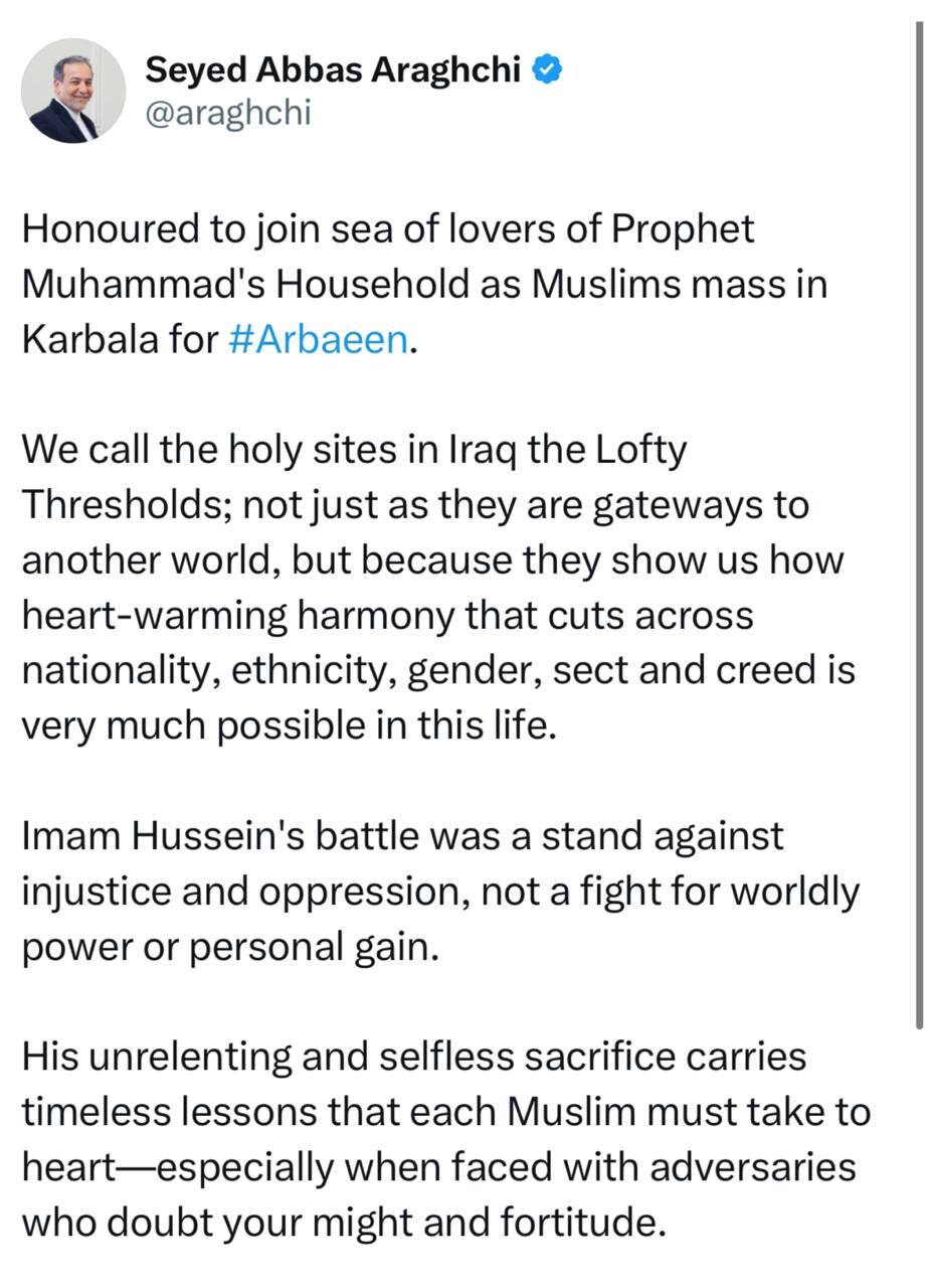 پیام سید عباس عراقچی وزیر امور خارجه پس از حضور در مراسم اربعین