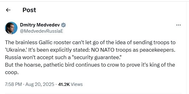 Medvedev: Brainless French rooster must know,we reject NATO forces in Ukraine