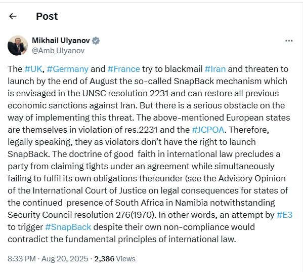 ulyanov's position on European troika's threat against Iran