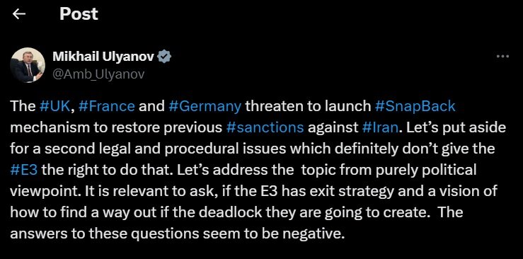 Ulyanov: Three European countries do not have legal right to activate snapback