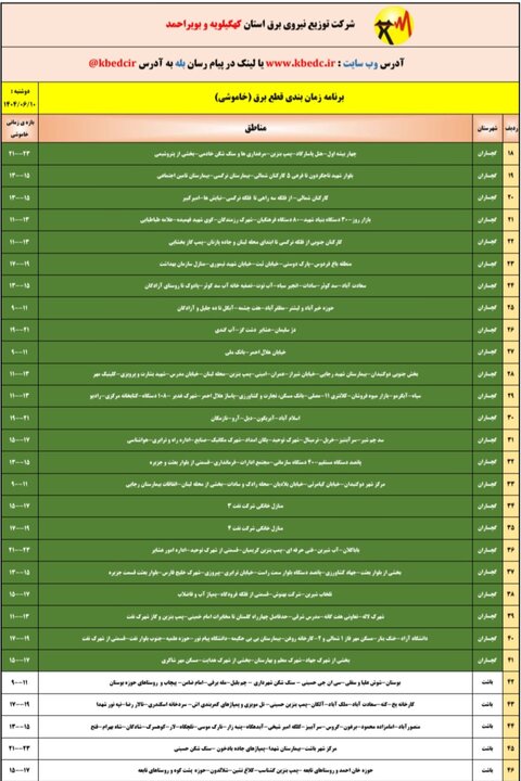 جدول خاموشی های برق کهگیلویه و بویراحمد در روز دوشنبه