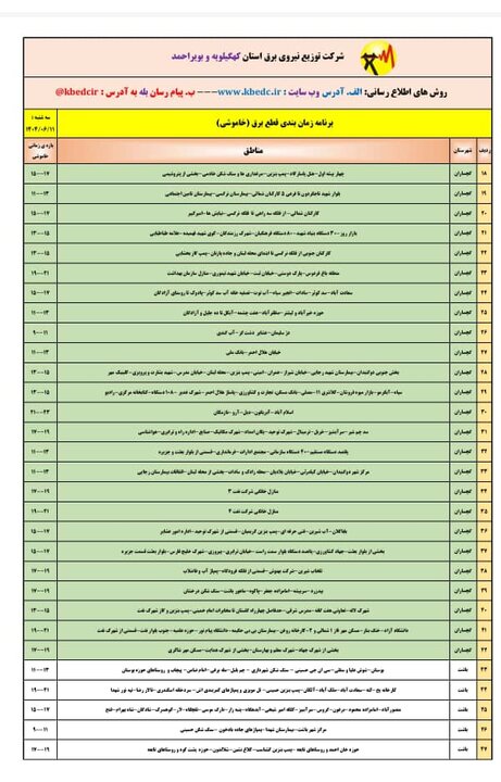جدول خاموشی های برق کهگیلویه و بویراحمد در روز سه شنبه