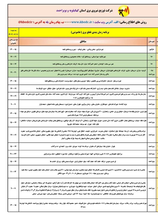 جدول خاموشی های برق کهگیلویه و بویراحمد در روز سه شنبه