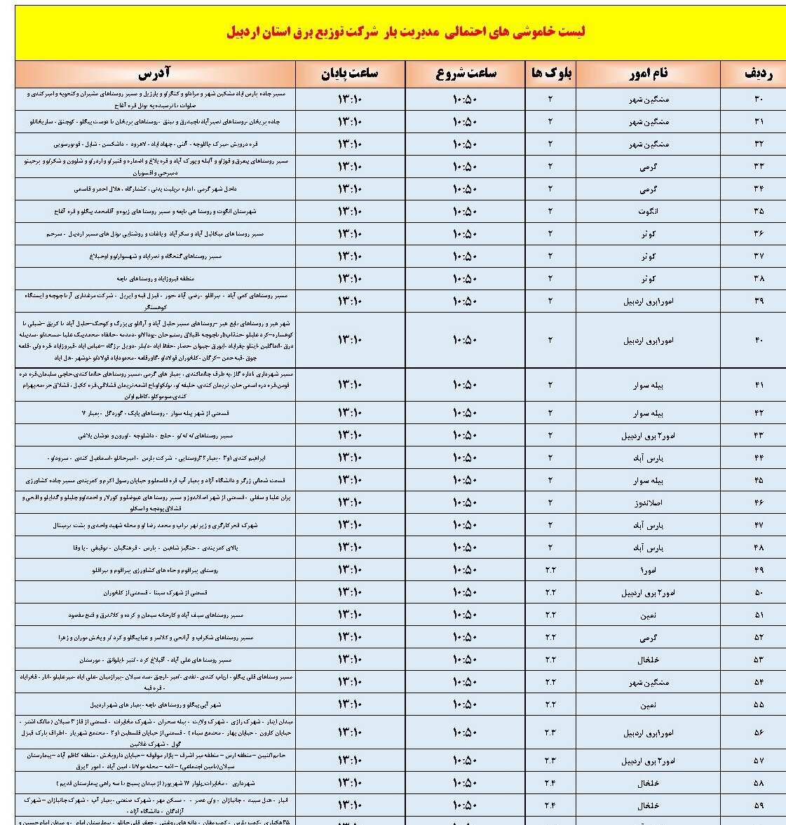 اعلام جدول خاموشی برق در اردبیل