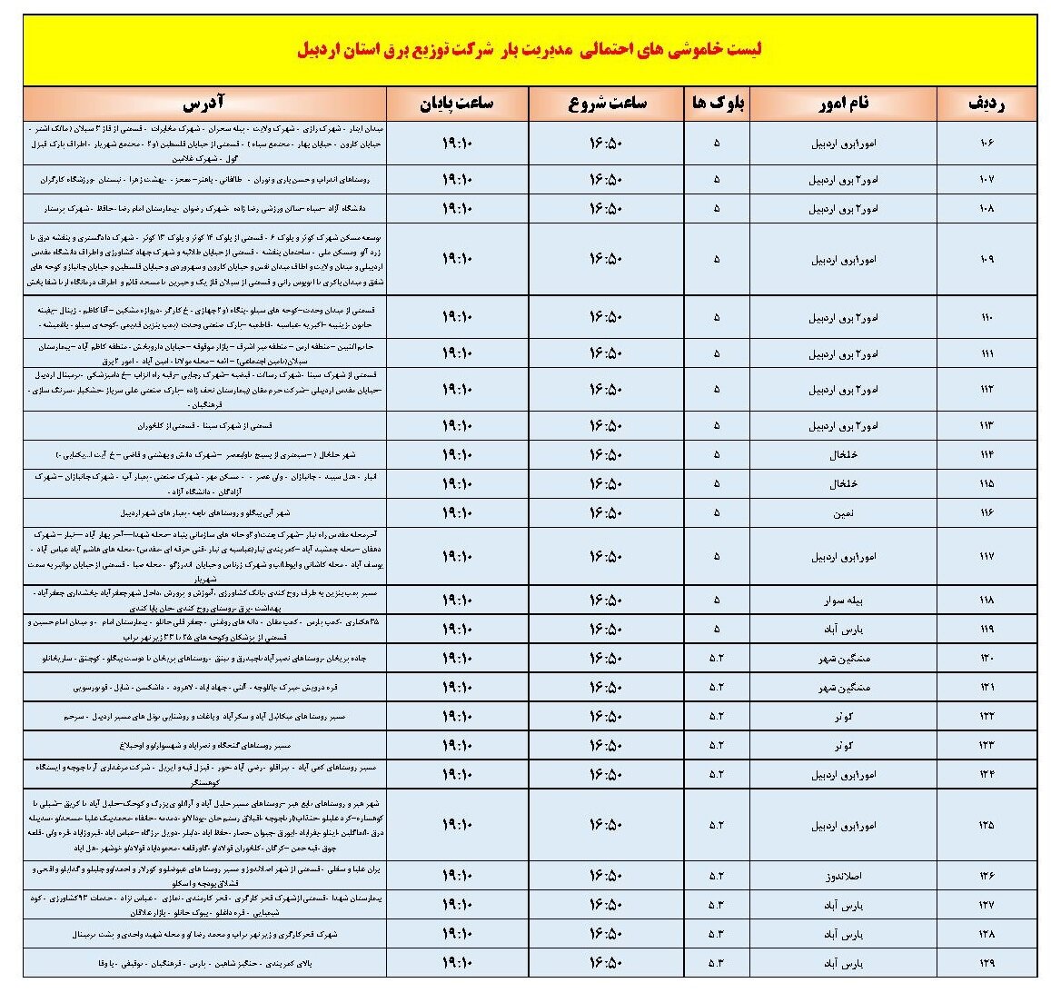 اعلام جدول خاموشی برق در اردبیل