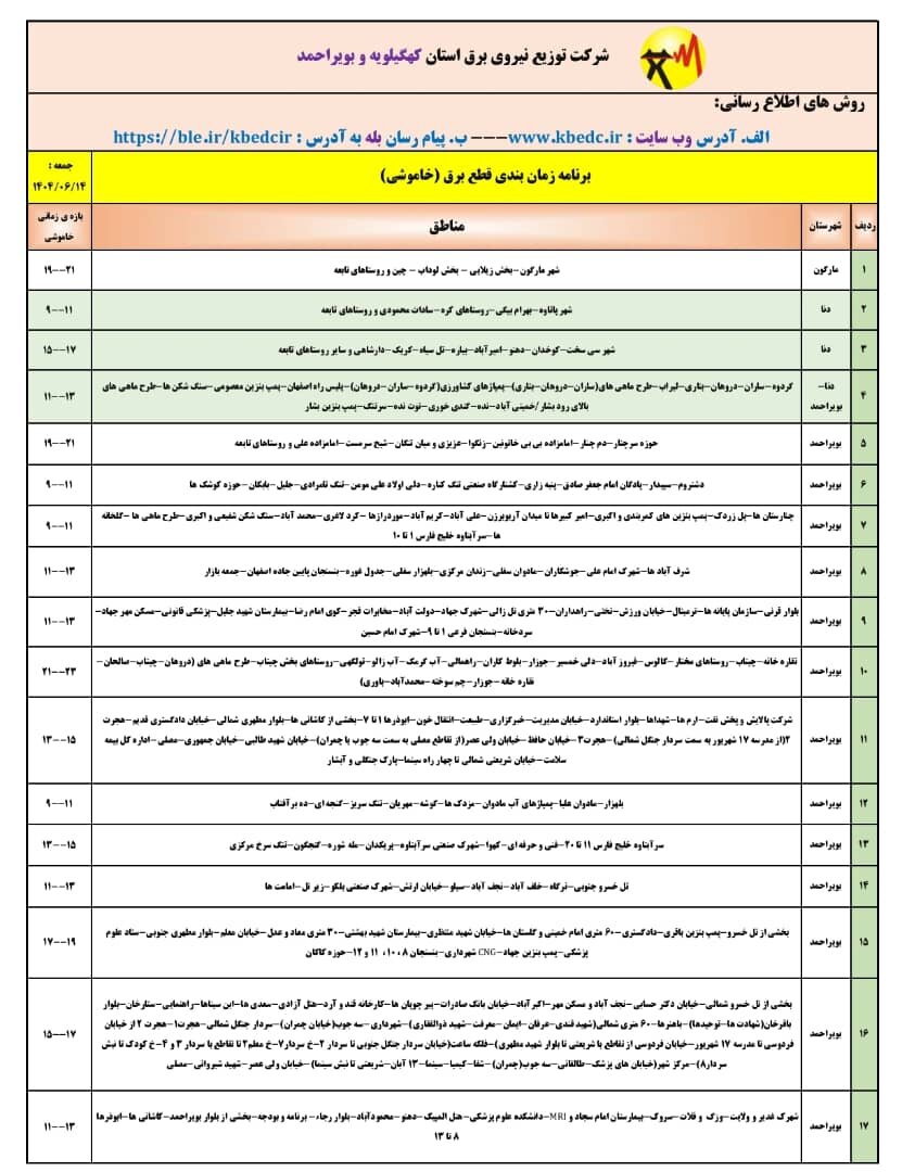 جدول خاموشیهای برق کهگیلویه و بویراحمد در روز جمعه