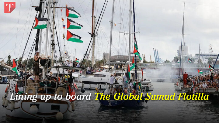 Lining up to board The Global Sumud Flotilla