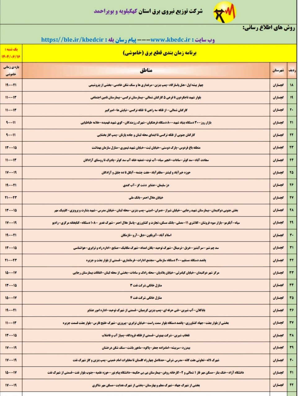 جدول خاموشی‌های برق کهگیلویه و بویراحمد در روز یکشنبه