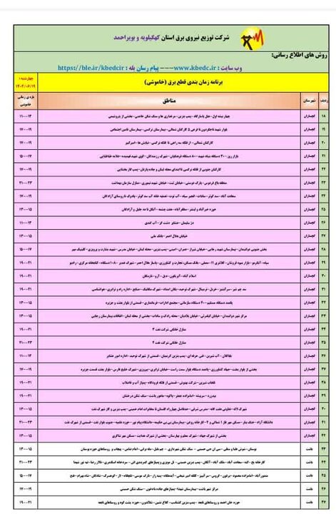 جدول خاموشیهای برق کهگیلویه و بویراحمد در روز چهارشنبه