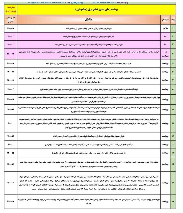 جدول خاموشیهای برق کهگیلویه و بویراحمد در روز چهارشنبه