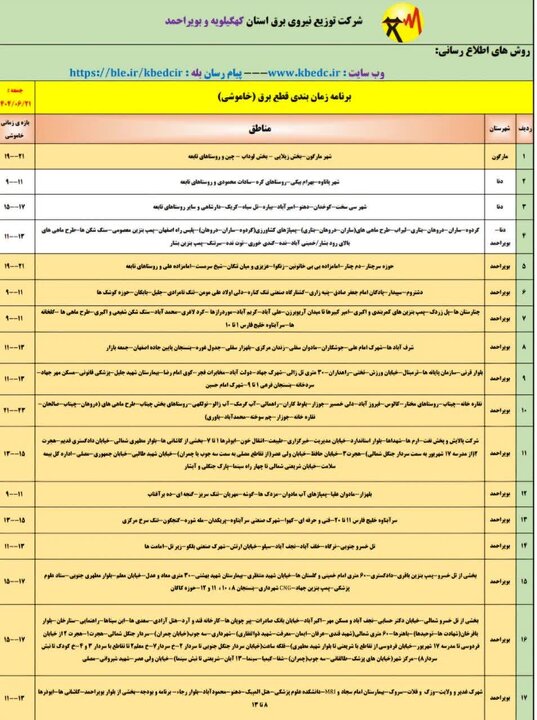 جدول خاموشی‌های برق کهگیلویه و بویراحمد در روز جمعه