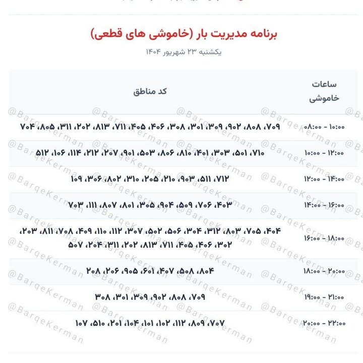 جدول زمان بندی <a class='tagColor' href='/Tags/Archive/قطعی <a class='tagColor' href='/Tags/Archive/برق'>برق</a>'>قطعی <a class='tagColor' href='/Tags/Archive/برق'>برق</a></a> شهر <a class='tagColor' href='/Tags/Archive/کرمان'>کرمان</a> در روز یکشنبه ۲۳ شهریور