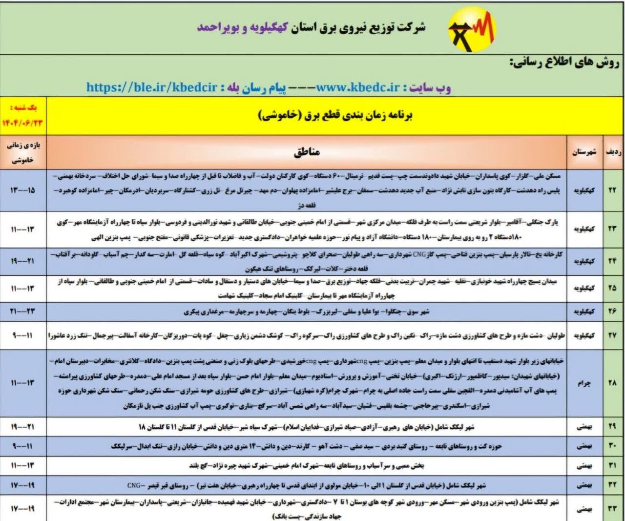 جدول خاموشی‌های برق کهگیلویه و بویراحمد در روز یکشنبه