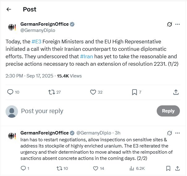 Berlin's position on consultations between European troika foreign ministers and Araghchi