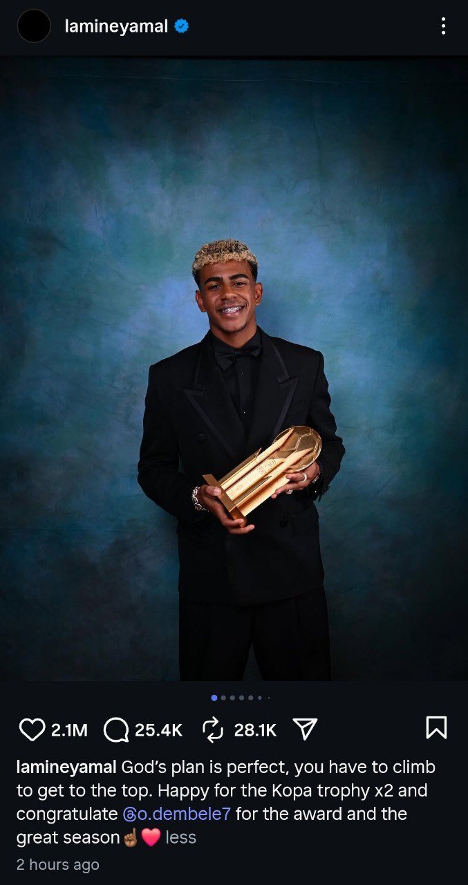 تبریک ستاره بارسا به <a class='tagColor' href='/Tags/Archive/عثمان دمبله'>عثمان دمبله</a> پس از تصاحب توپ طلای جهان