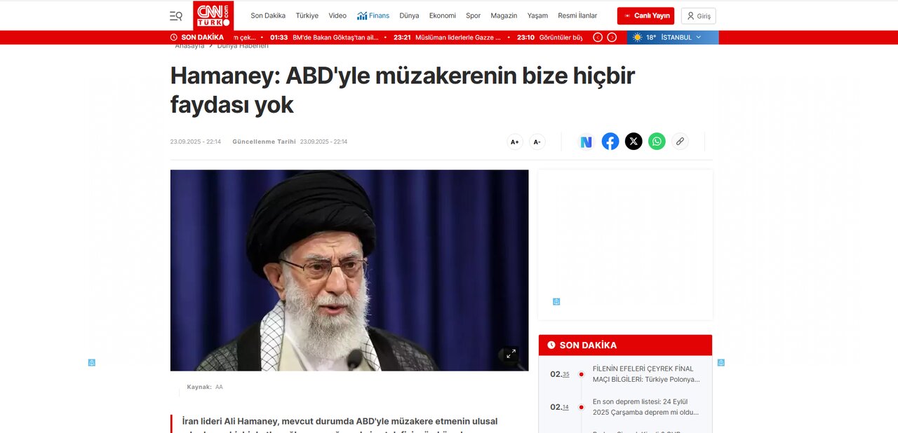 Ayetullah Hamanei'nin dün akşamki konuşmaları Türk medyasında nasıl yer aldı