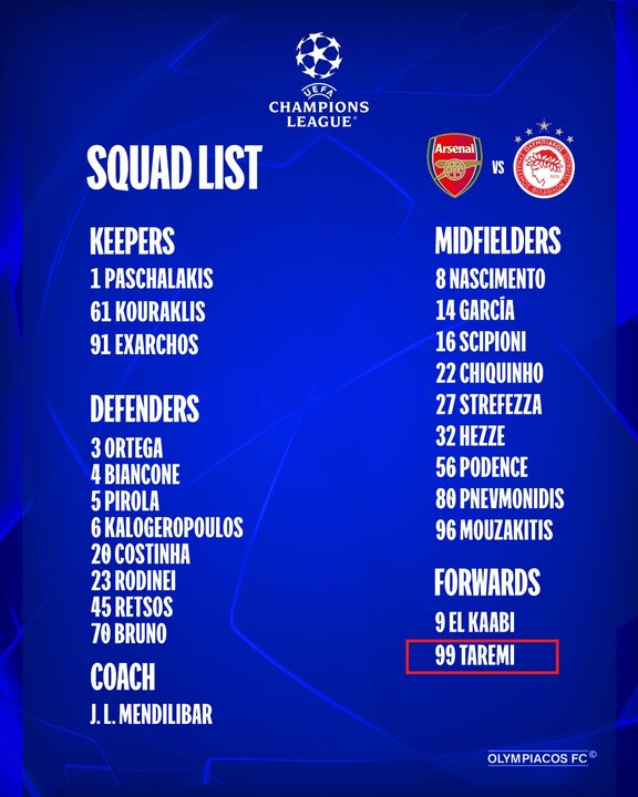طارمی در لیست المپیاکوس برای دیدار با آرسنال + عکس