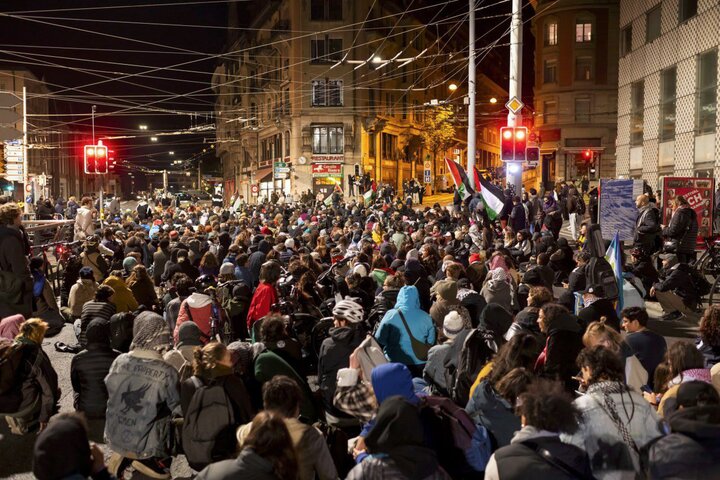 Protest in Lausanne, Switzerland supporting Global Caravan of Resilience