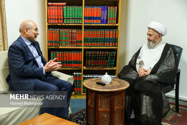 دیدار محمدباقر قالیباف رئیس مجلس شورای اسلامی و آیت‌الله شیخ جعفر سبحانی از مراجع عظام تقلید