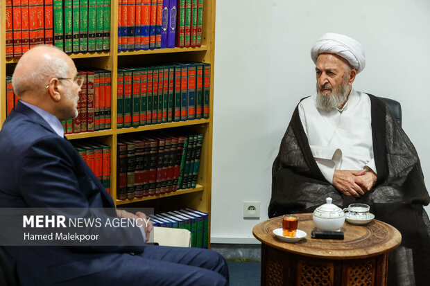 دیدار محمدباقر قالیباف رئیس مجلس شورای اسلامی و آیت‌الله شیخ جعفر سبحانی از مراجع عظام تقلید