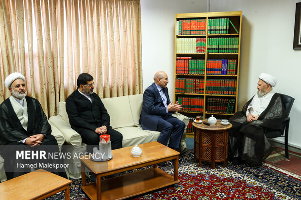 دیدار محمدباقر قالیباف رئیس مجلس شورای اسلامی و آیت‌الله شیخ جعفر سبحانی از مراجع عظام تقلید