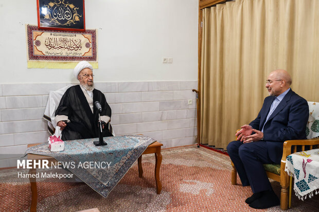 دیدار محمدباقر قالیباف رئیس مجلس شورای اسلامی و آیت‌الله ناصر مکارم شیرازی از مراجع عظام تقلید