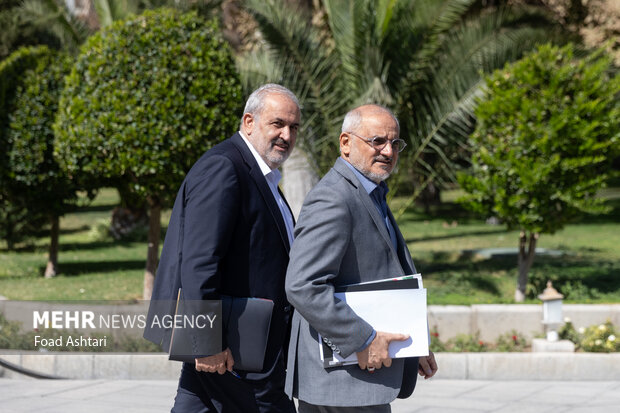 محسن حاجی میرزایی، رئیس دفتر رئیس‌جمهور و عباس علی‌آبادی، وزیر نیرو در حاشیه جلسه هیئت دولت