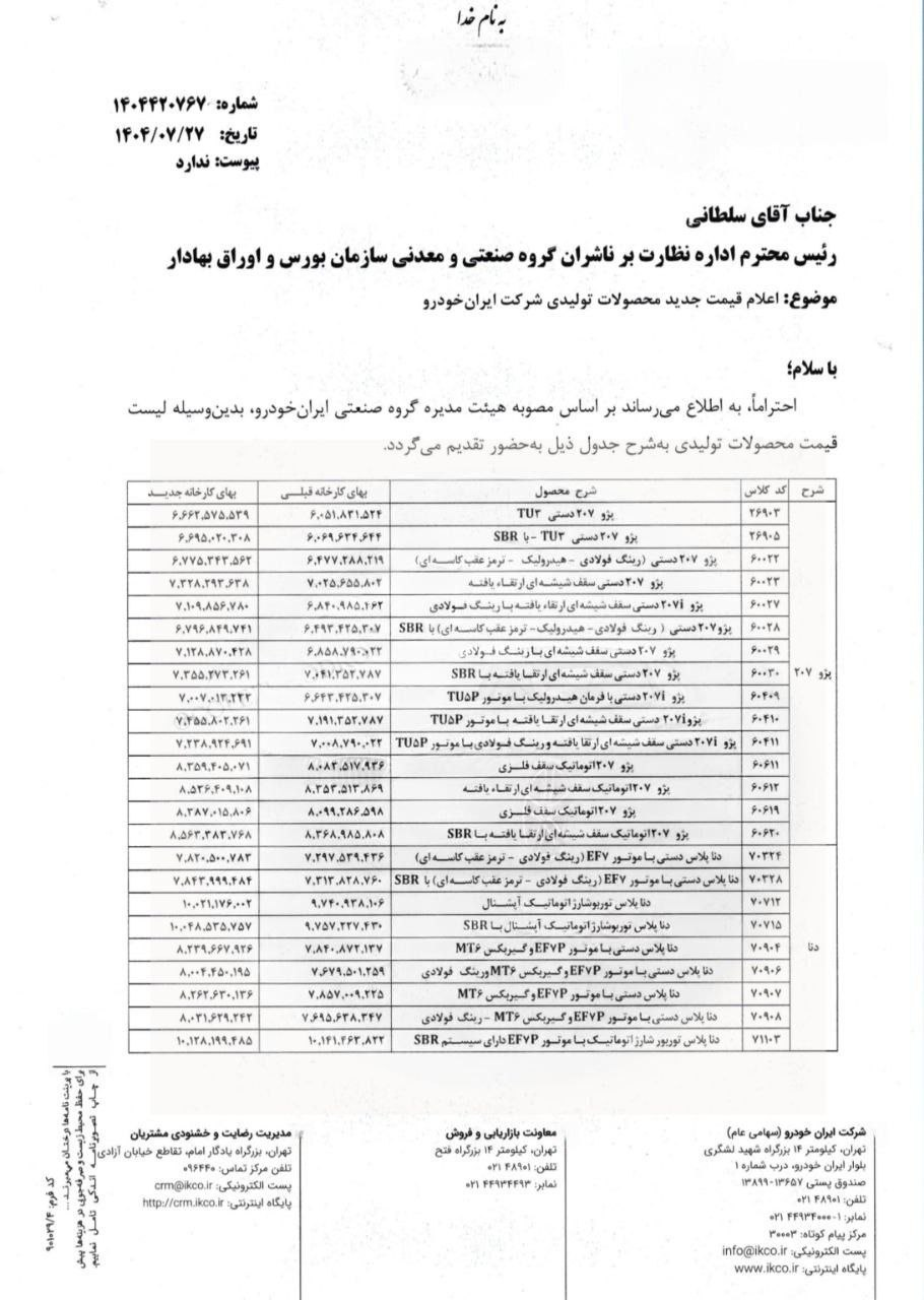 لیست قیمت جدید محصولات ایران خودرو
