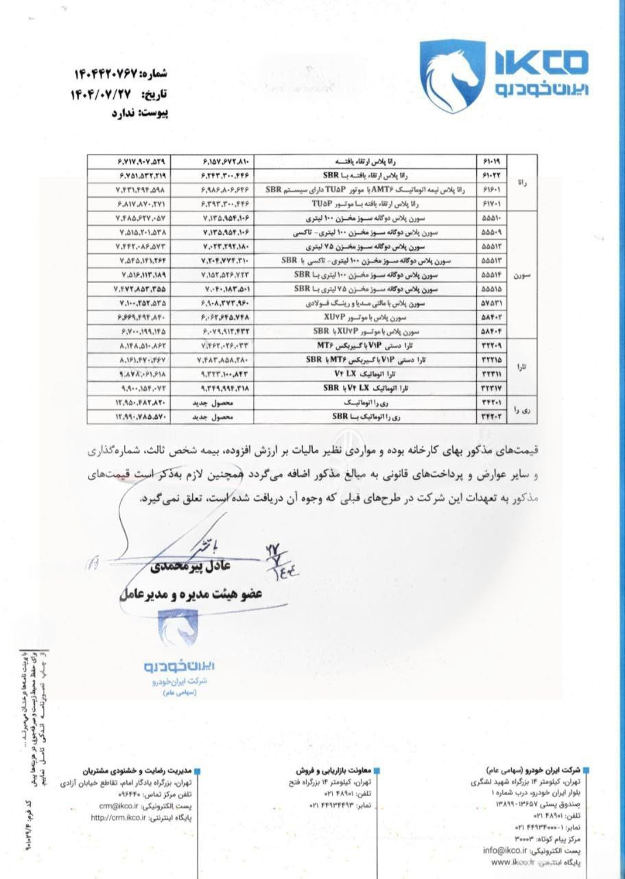 لیست قیمت جدید محصولات ایران خودرو