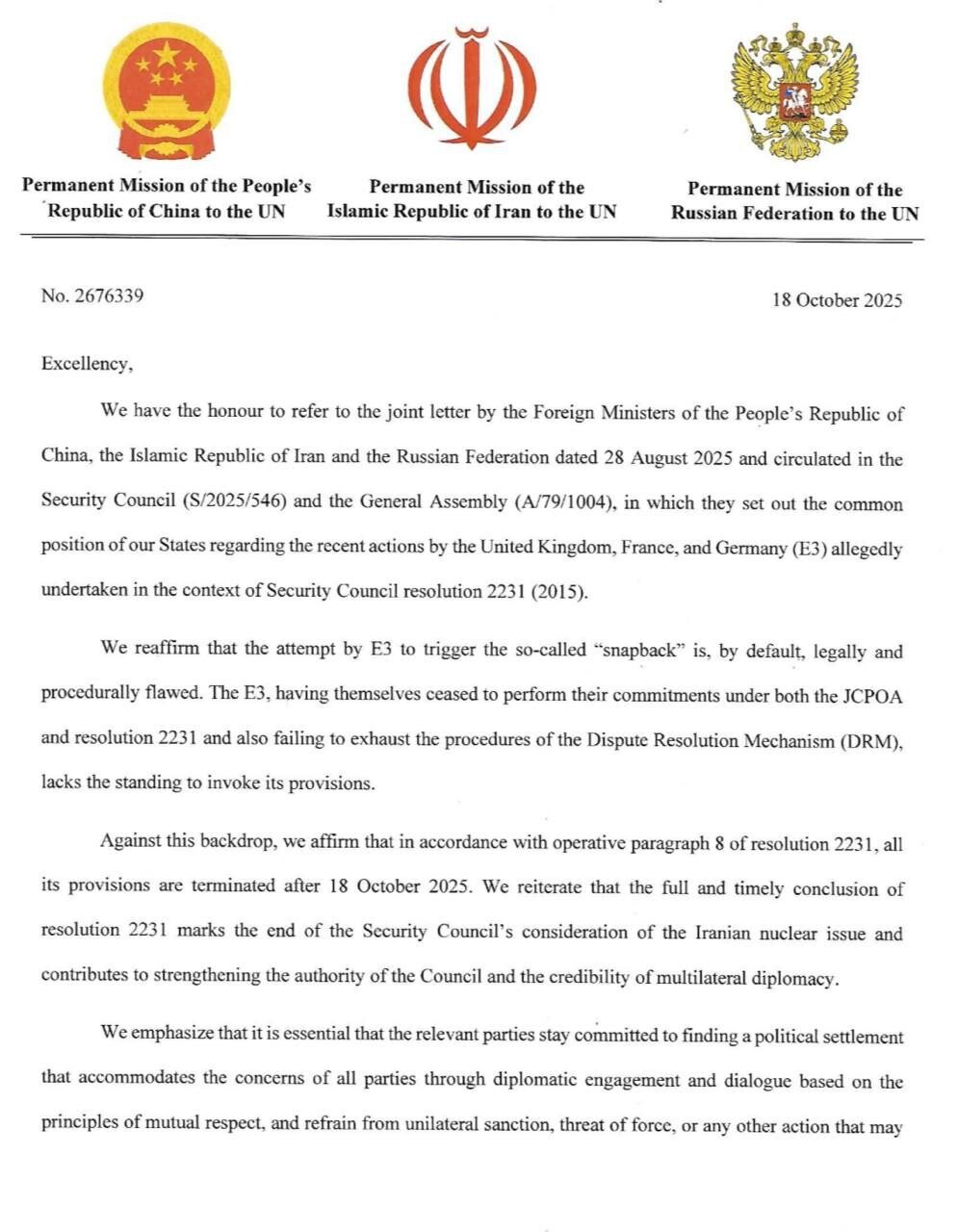 Iran, Russia, China reaffirm Resolution 2231 terminated