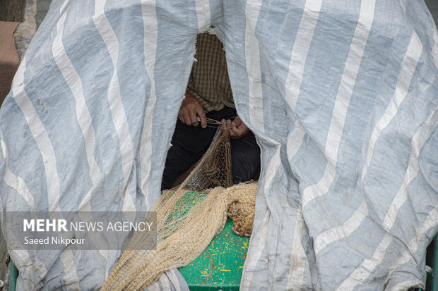 علی بخشی از زمان خود را صرف تعمیر و دوختن تور ماهیگیری به علت پاره شدن یا سوراخ شدن آن می کند.