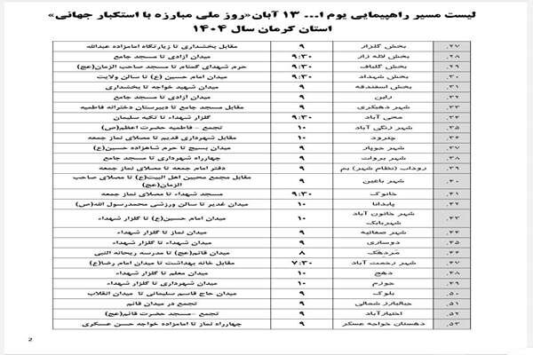 اعلام مسیرهای راهپیمایی یوم الله ۱۳ آبان در استان کرمان