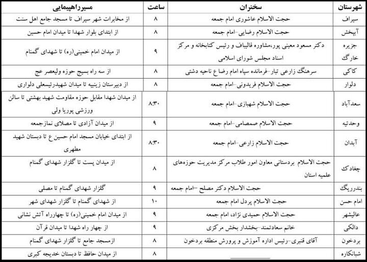 مسیرهای راهپیمایی ۱۳ آبان در شهرهای استان بوشهر مشخص شد