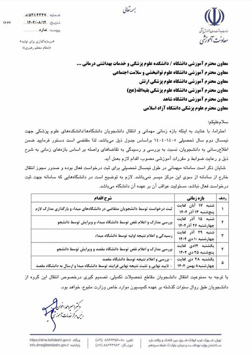 زمان ثبت نام نقل و انتقالات دانشجویان علوم پزشکی اعلام شد