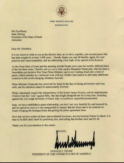 نامه رسمی ترامپ به هرتزوگ برای عفو نتانیاهو