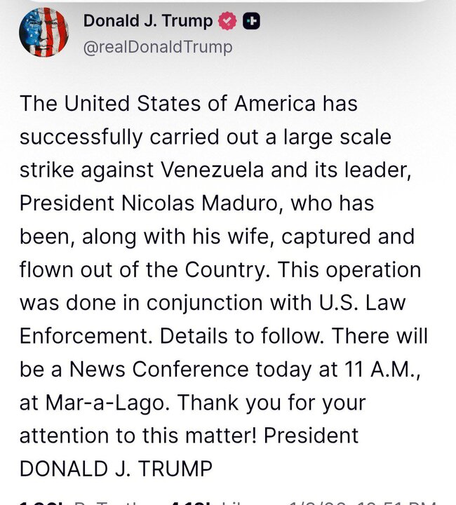 Trump claims to have captured Maduro and his wife
